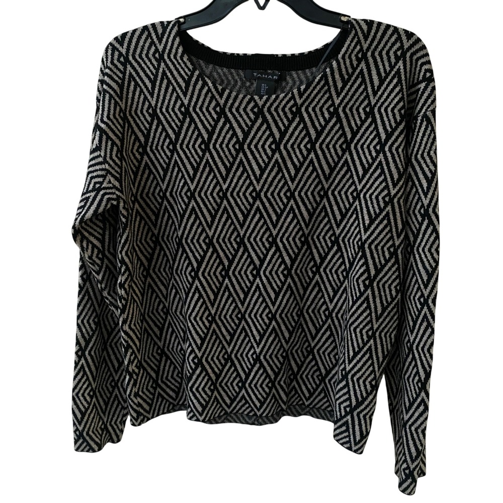 Tahari Geometric Diamond Pattern‎ Knit Button Back Sweater Small Modern Chic